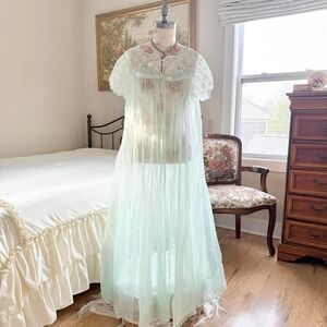sheer nightgown  70s mint sheer nightgown with lace yoke flutter sleeves